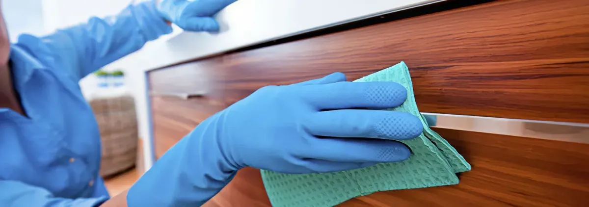 Cleaner wearing blue gloves wiping a wooden cabinet drawer with a microfiber cloth for dust and grime removal, Knoxville, TN.