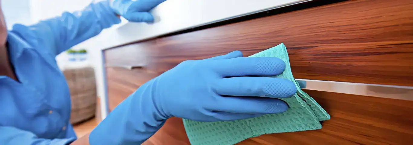 Cleaner wearing blue gloves wiping a wooden cabinet drawer with a microfiber cloth for dust and grime removal, Knoxville, TN.