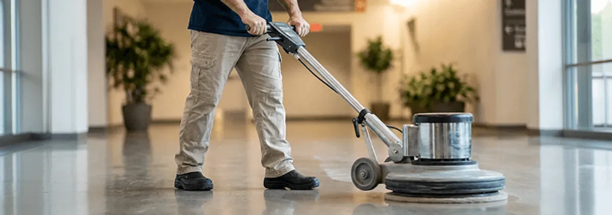 Professional technician using an industrial floor buffer to polish and maintain shiny commercial flooring in a corporate hallway in Knoxville, TN.