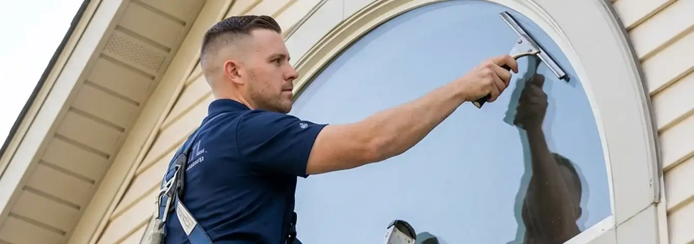 Professional window cleaner using a squeegee to clean an exterior arched window on a home, Knoxville, TN.