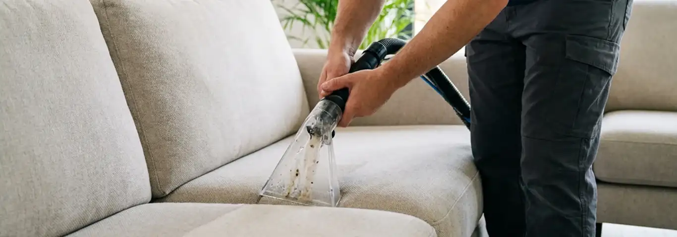 Technician extracting dirt and moisture from a fabric sofa with an upholstery cleaning wand, Knoxville, TN.