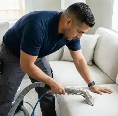 Professional upholstery cleaning technician using an extraction wand to deep-clean a fabric sofa, Knoxville, TN.